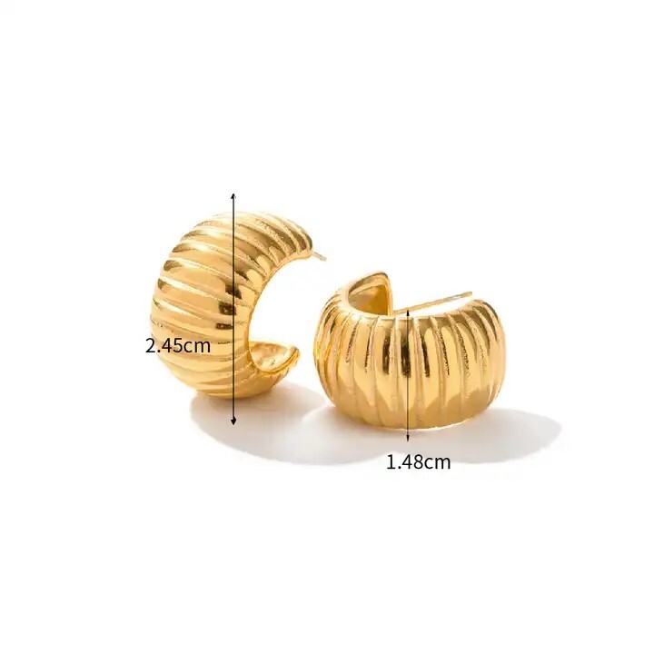18K Gold Plated Thick Ribbed C-Shaped Hoop for Women, Stainless Steel Earrings
