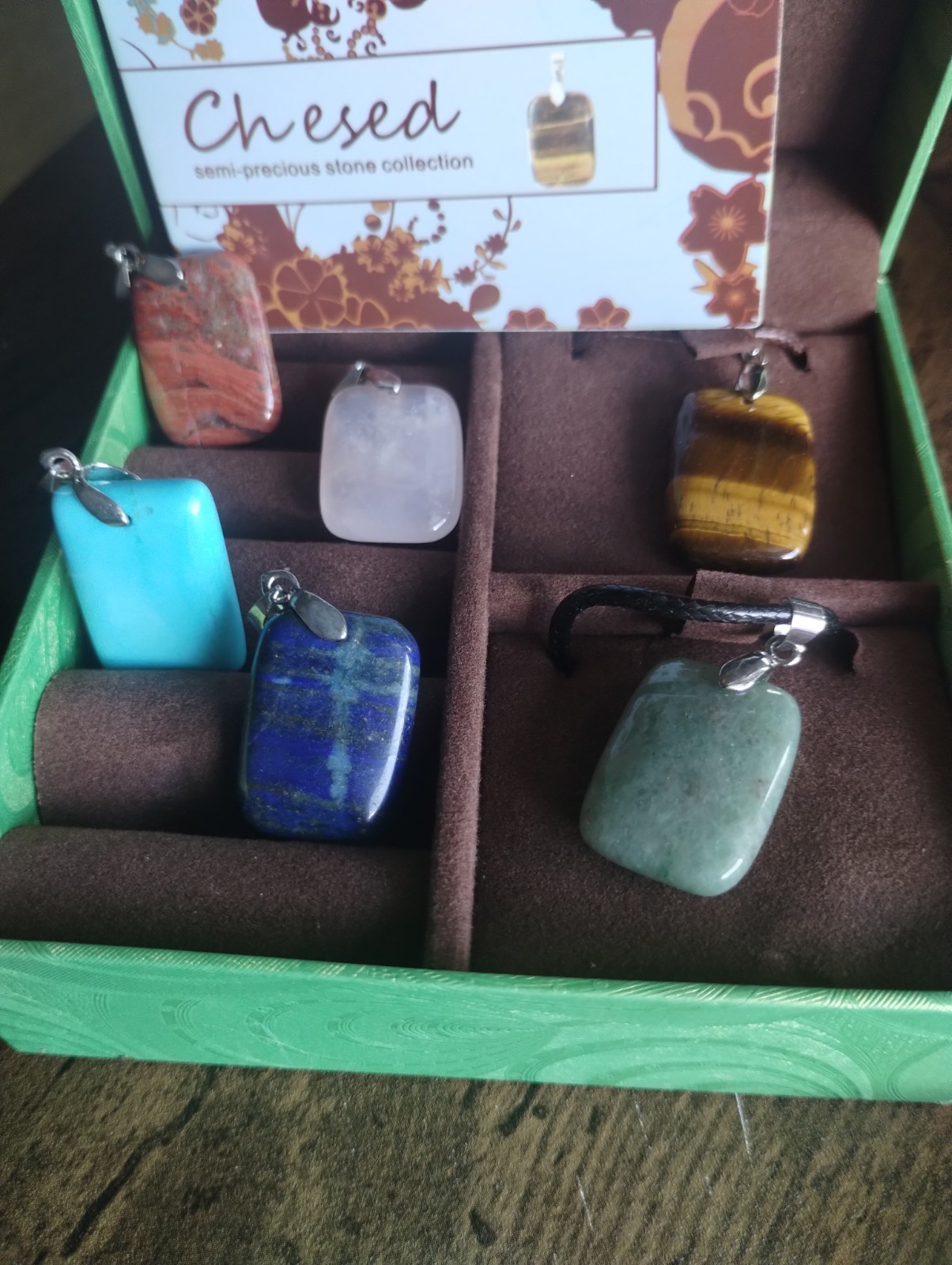 Chesed Semi Precious Stone Rectangle Pendant/ Necklace Set 6 & 2 Leather Necklac