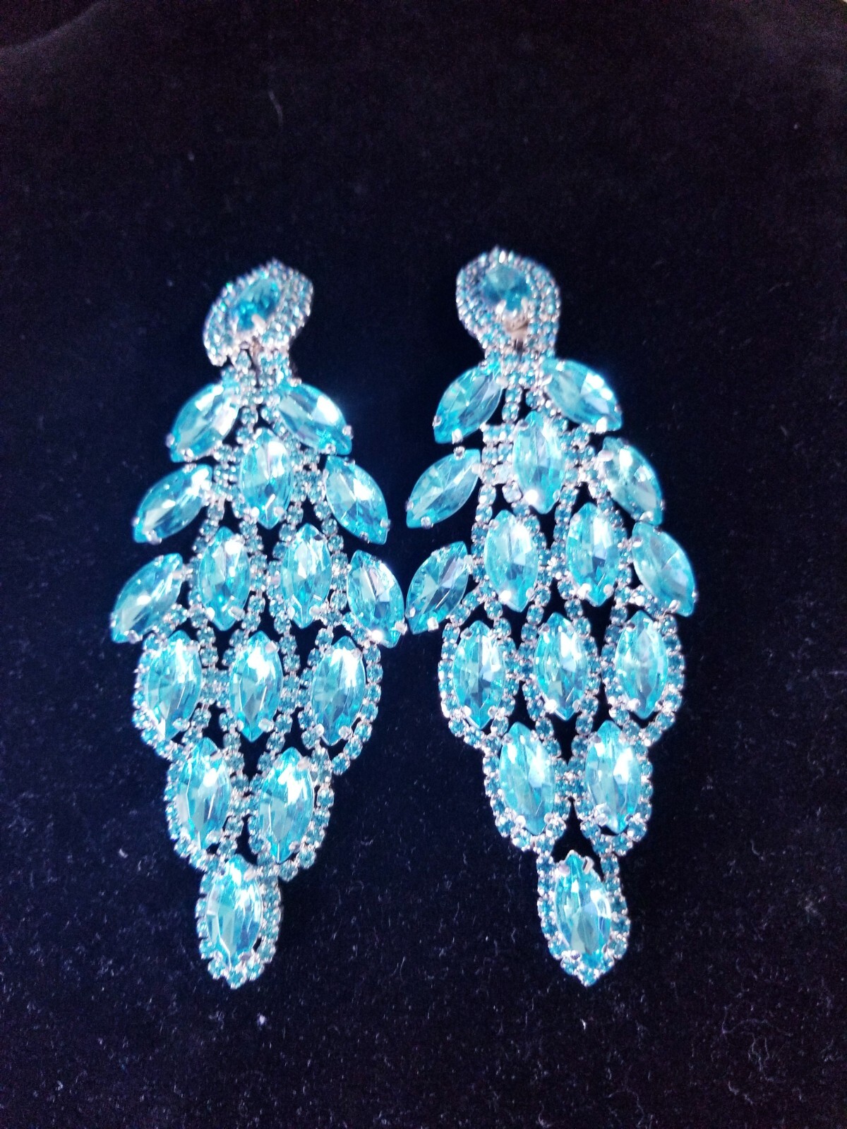 PIERCED Drop Dangle Chandelier Earrings 5.4 inch Aqua Rhinestone Pageant Prom