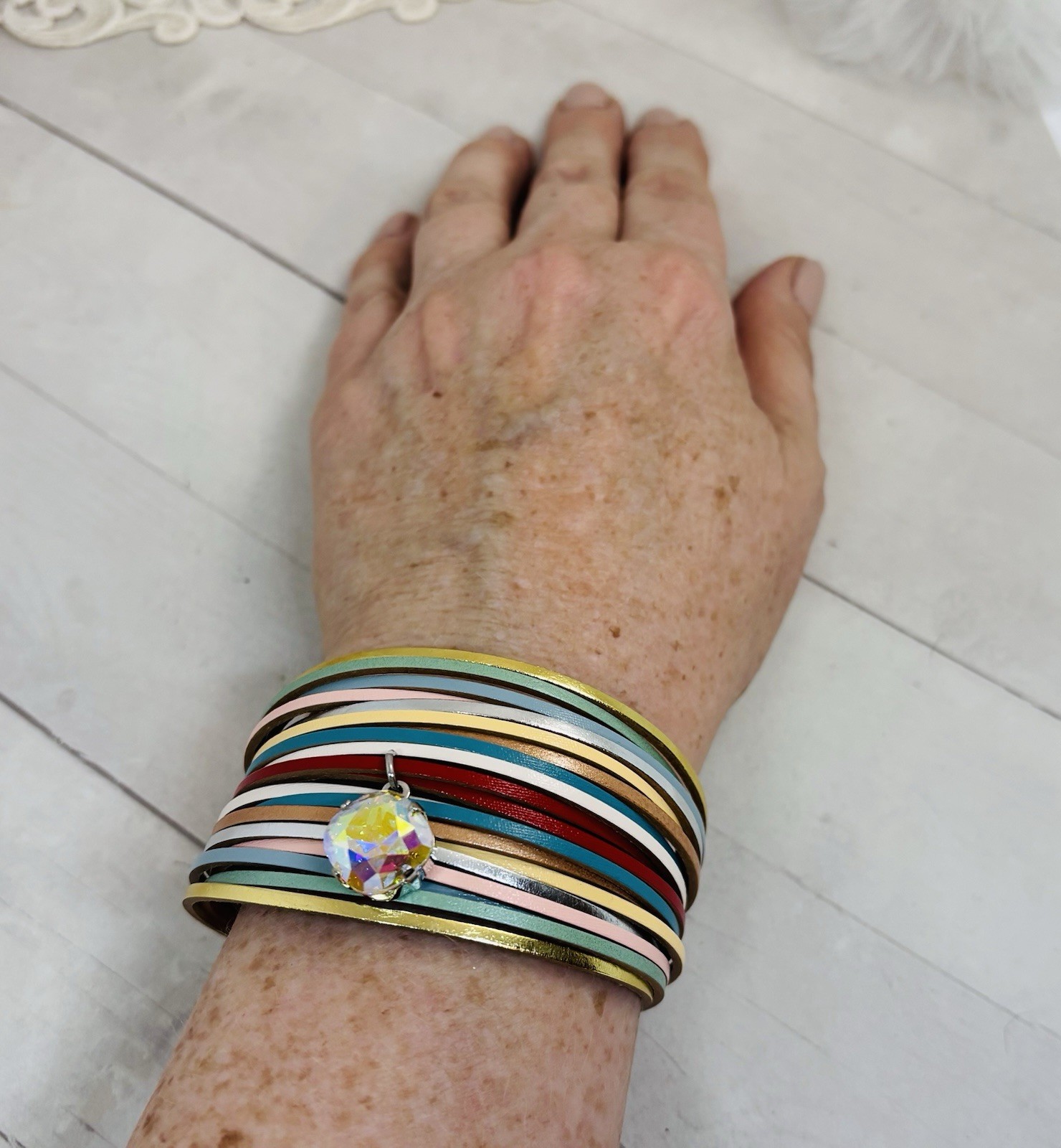 7 Inch BOHO Bracelet made with Aurora Borealis Austrian Crystals and Leather