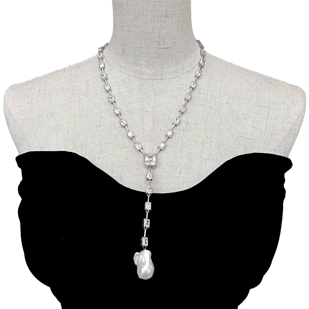 Rectangle Cubic Zirconia White Gold Plated Cultured White Keshi Pearl Necklace