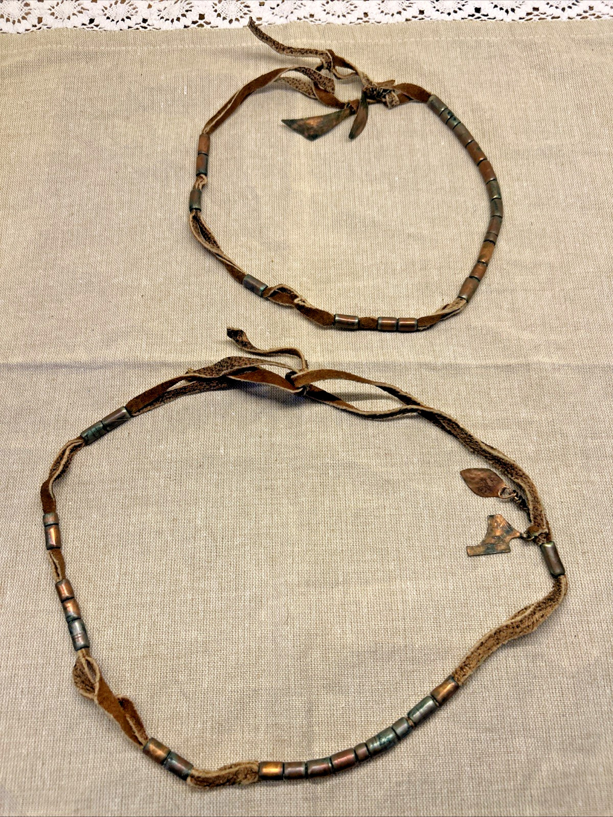 Set of Two Boho Tribal Style Necklaces Leather Cord Copper Metal Charms Beads