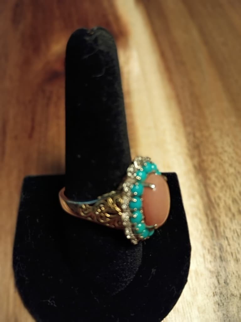 Pink Opal Turquoise Sterling Silver Ring & Earrings w/Gold Vermeil Set Size 9.75