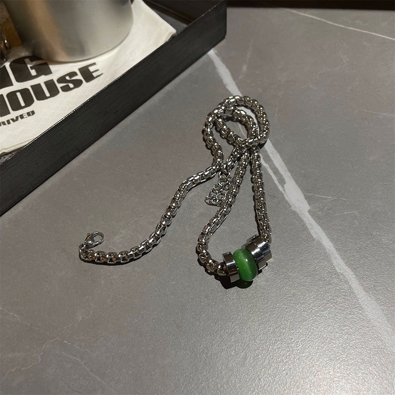 Silver 316 Stainless Steel Box Chain60cm Necklace Green Jade Bead Unisex Jewelry