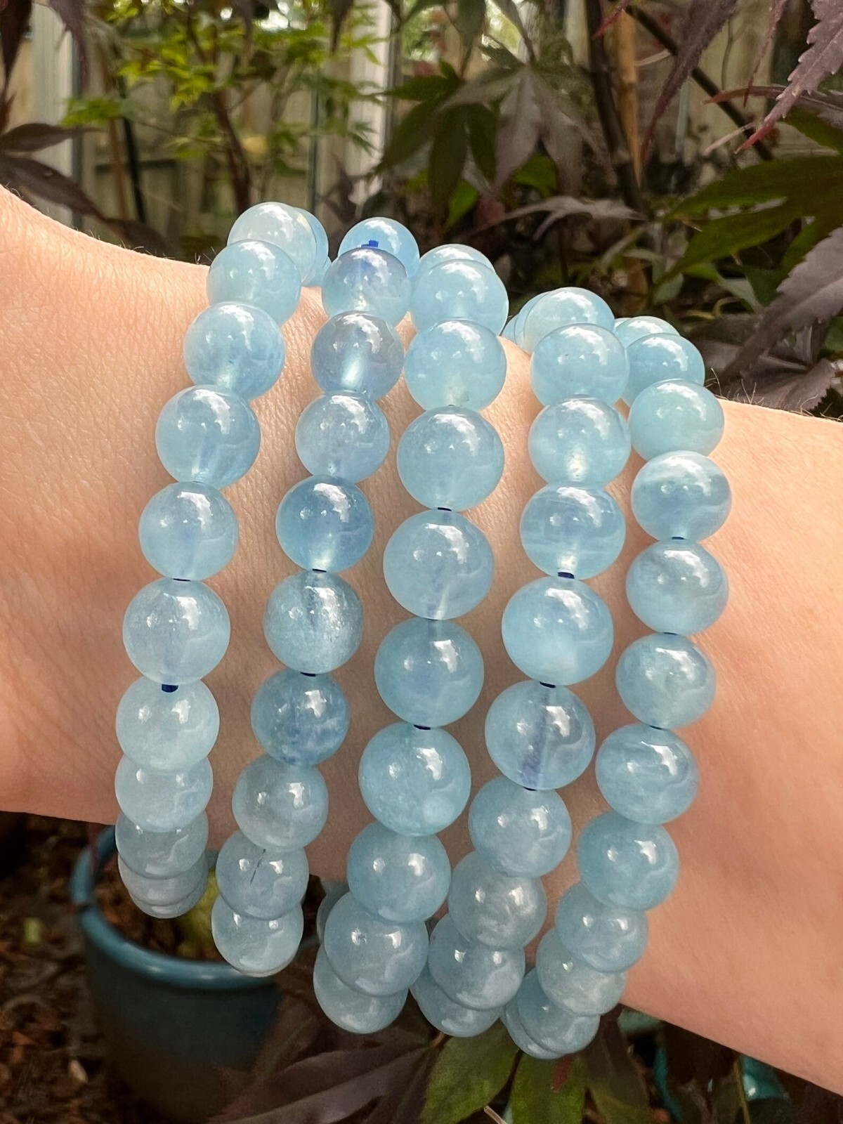 5pcs Natural Aquamarine 8mm Blue Bead Bracelet Healing March Birthstone Gifts