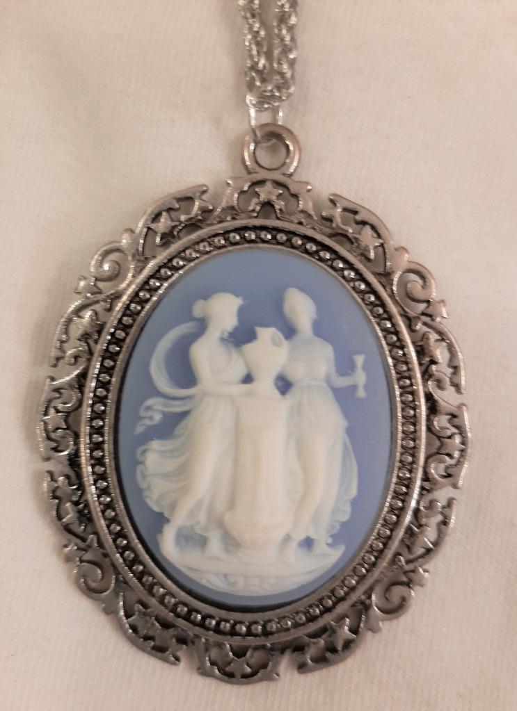 Swirl Rimmed Light Blue & White Greek Goddesses With Vase SILVERTONE Necklace