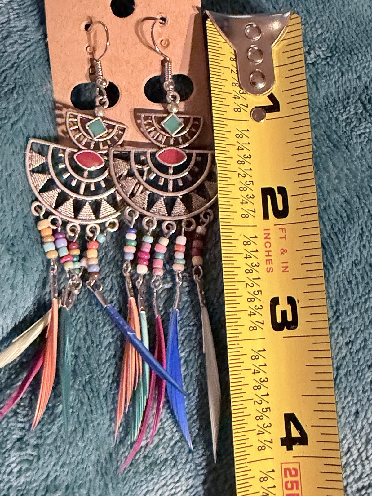 Boho Multicolor Feather Drop Earrings Turquoise Orange Dangle