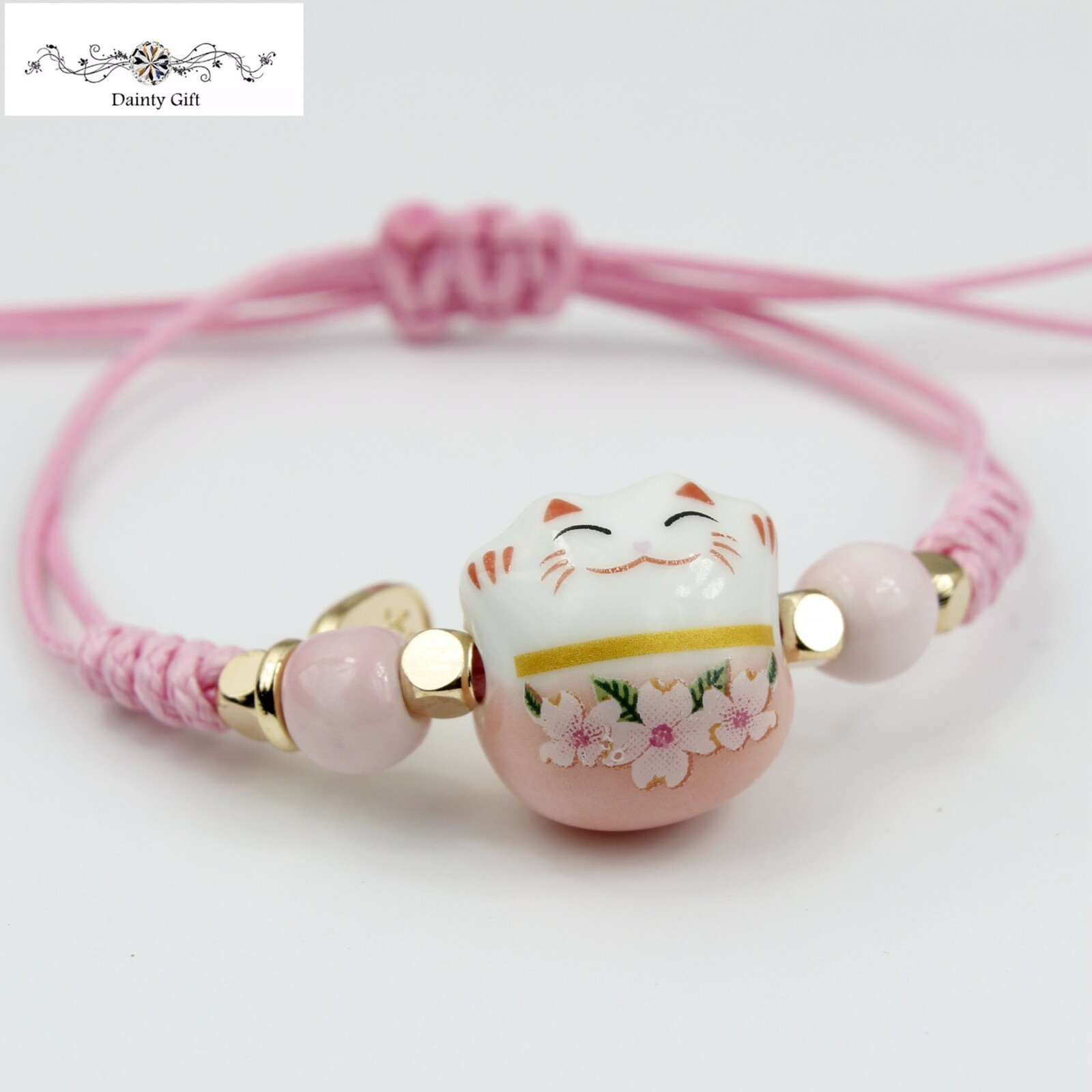 Girl Women Luck Ceramic Fat Flower Cat / Kitty Animal Adjust Rope Bracelet 4-11″