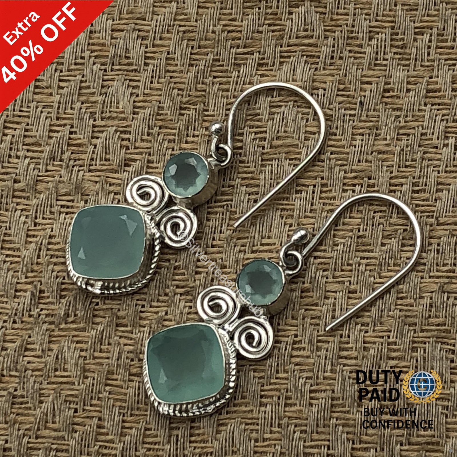 Throat Chakra AQUA CHALCEDONY Gemstone Wife Drop Dangle Earrings Sterling Silver