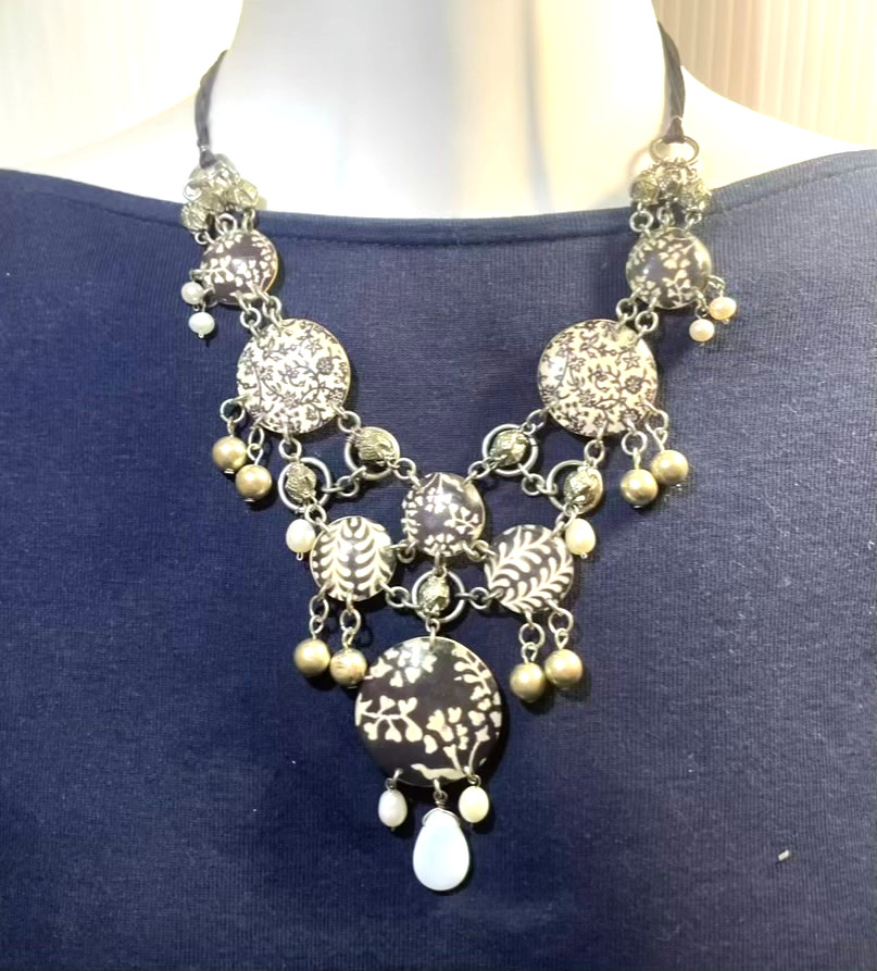 Unique Black & White Statement Necklace Layered Baroque Pearl Floral Maximalist