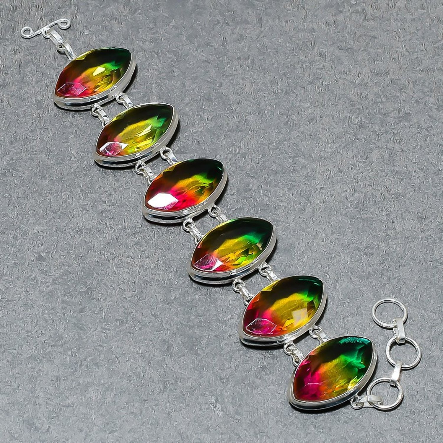 BI-Color Tourmaline Gemstone Bracelet Adjustable Chain Marquise Shape Jewelry 8″