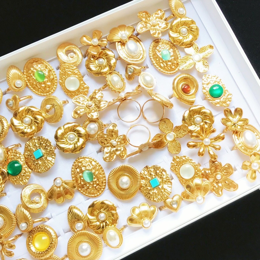 Bulk Lot 20pc Mix Gold 3D Flower Pearl Stone Stainless Steel Rings Women Jewelry