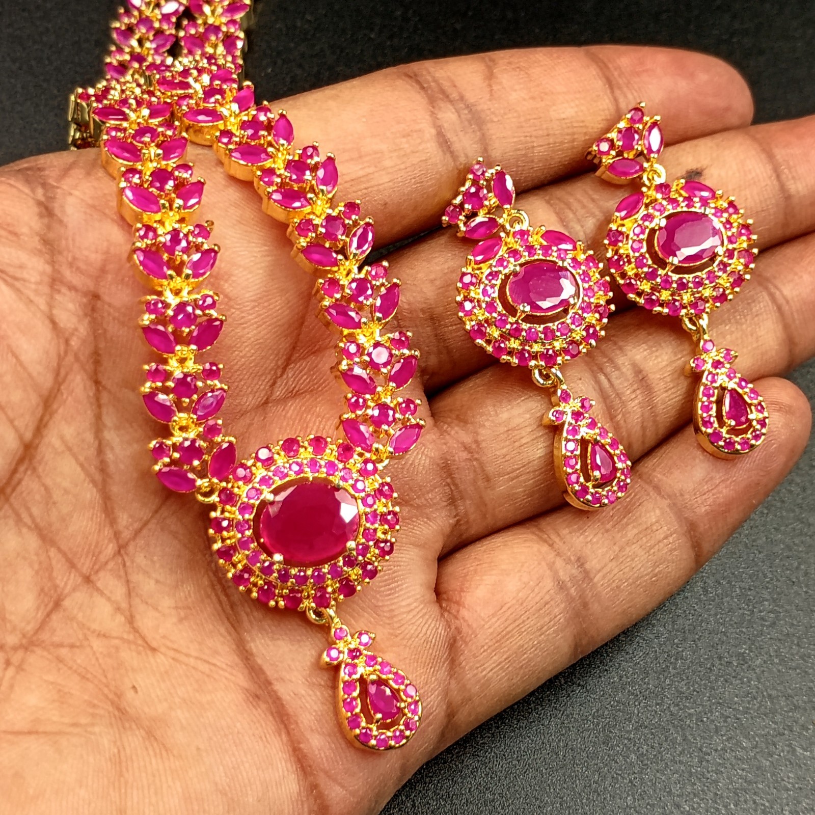 Traditional 22K Gold Plated Oval Red Ruby Necklace Set Bollywood Wedding Wear Gi