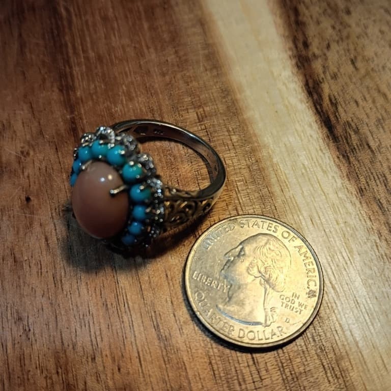 Pink Opal Turquoise Sterling Silver Ring & Earrings w/Gold Vermeil Set Size 9.75