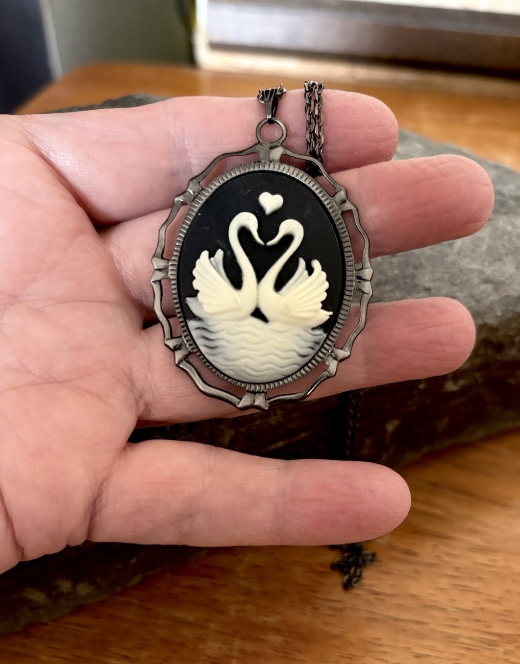 Swans in Love Cameo Necklace, Swan Bird w/Heart, Victorian Vintage Style Pendant