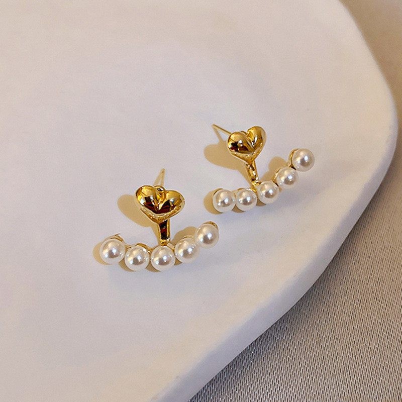 Women Pearl Earrings Back Hanging Fashion Metal Heart-Shaped New Shiny