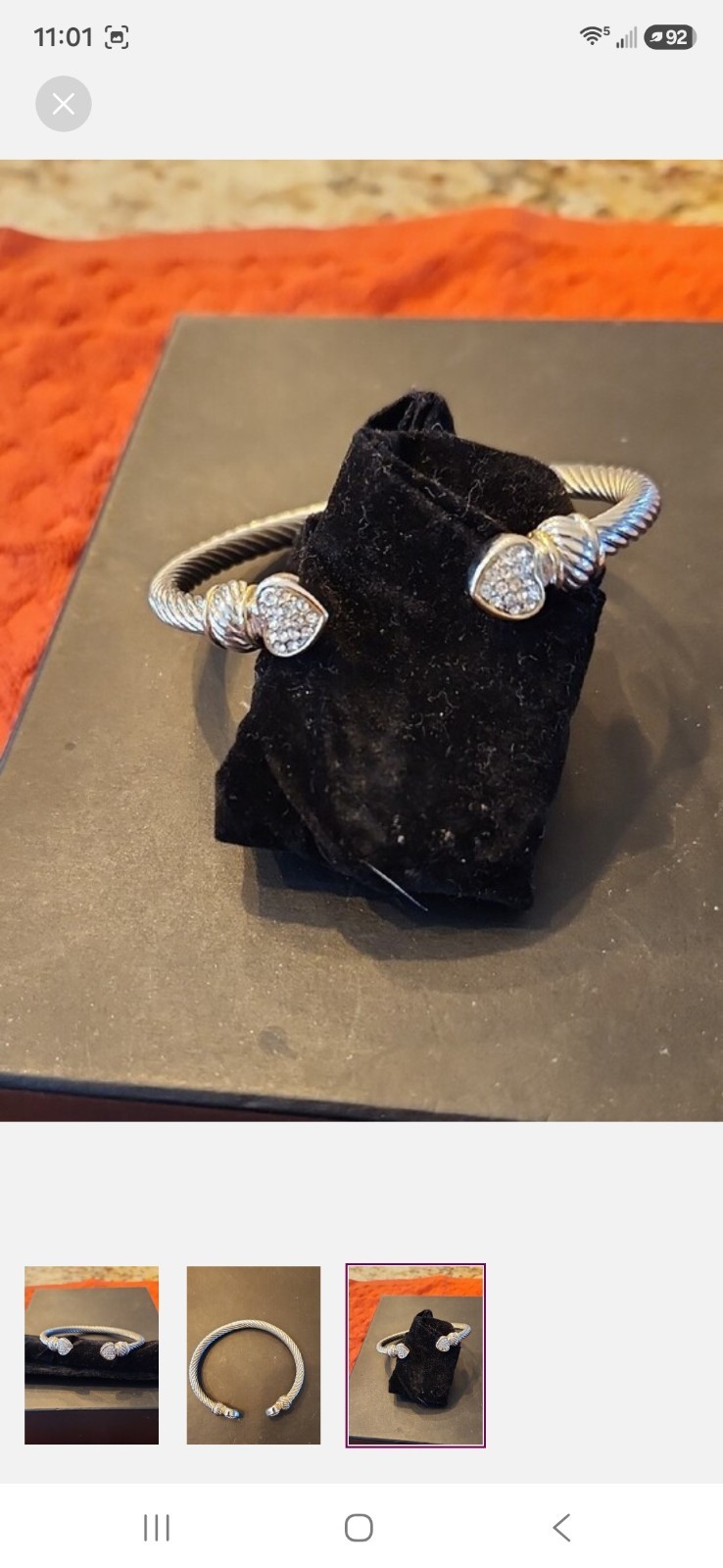 0034 Silver Tone Cable Cuff Bracelet Pavé Clear Crystal Heart Ends Stackable