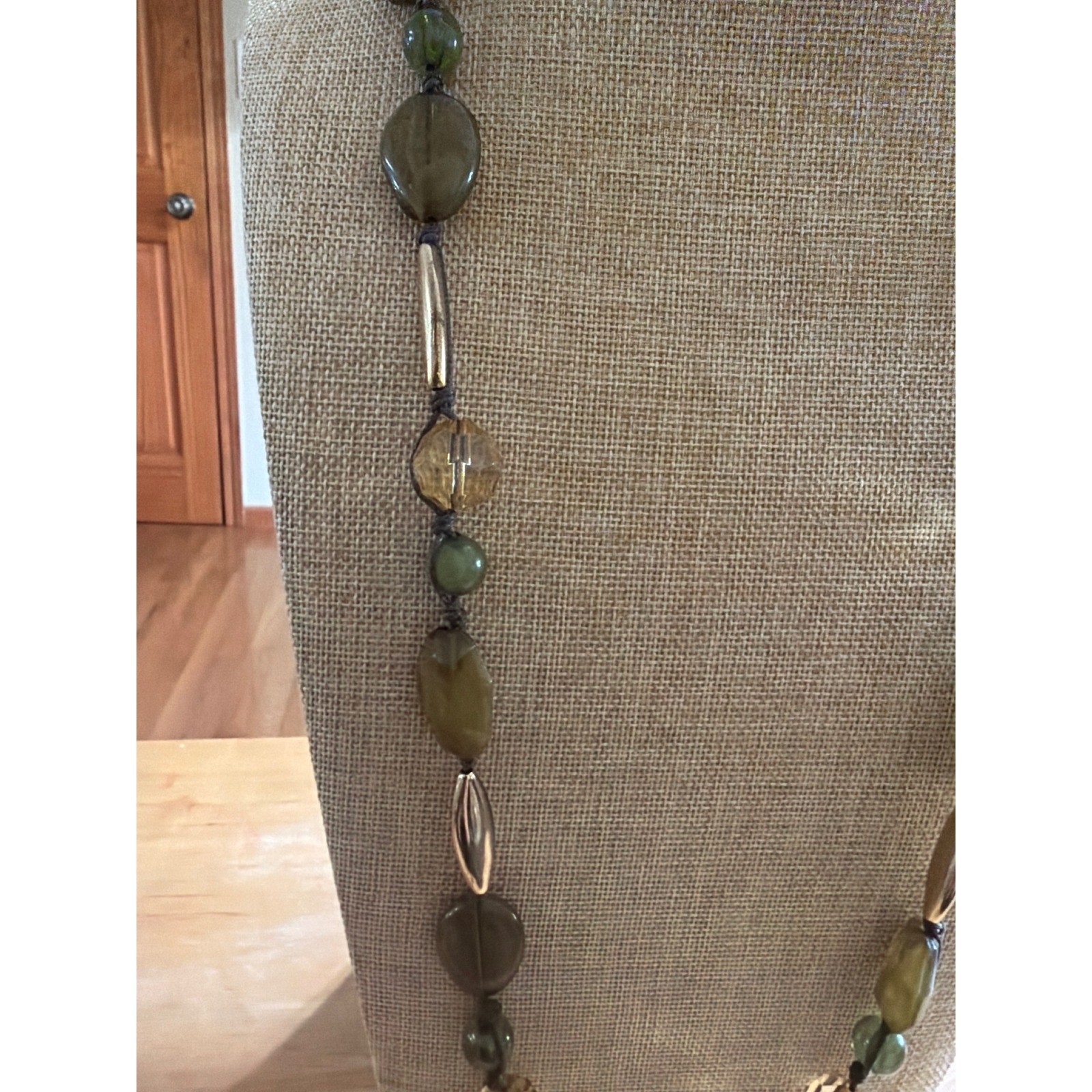 Earth Tone Beaded Necklace Olive Green Amber ColorGold Tone Long Boho Corded