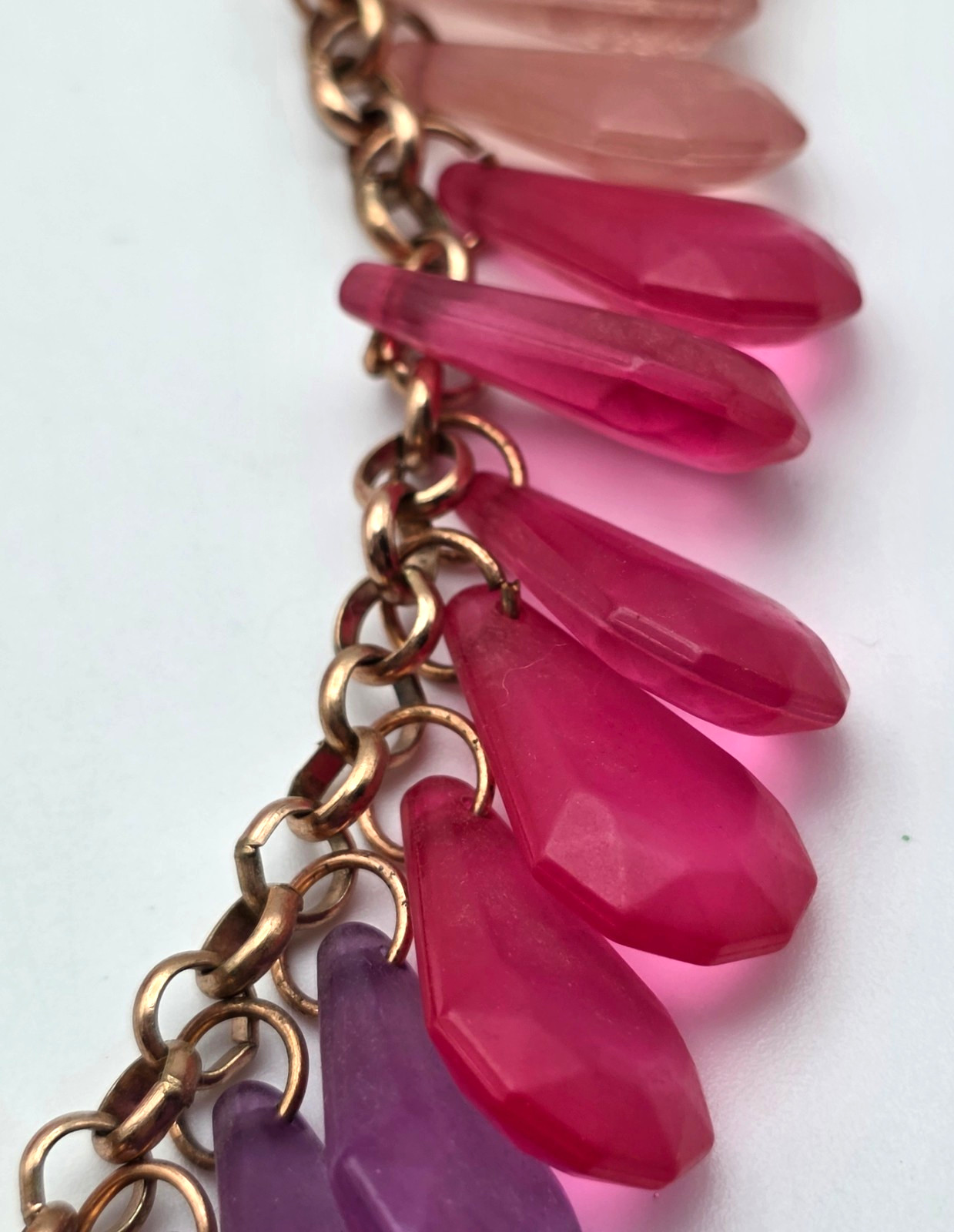 Pink Purple Blush Clear Lucite Fringe Statement Necklace Rose Gold Coldwater 34″
