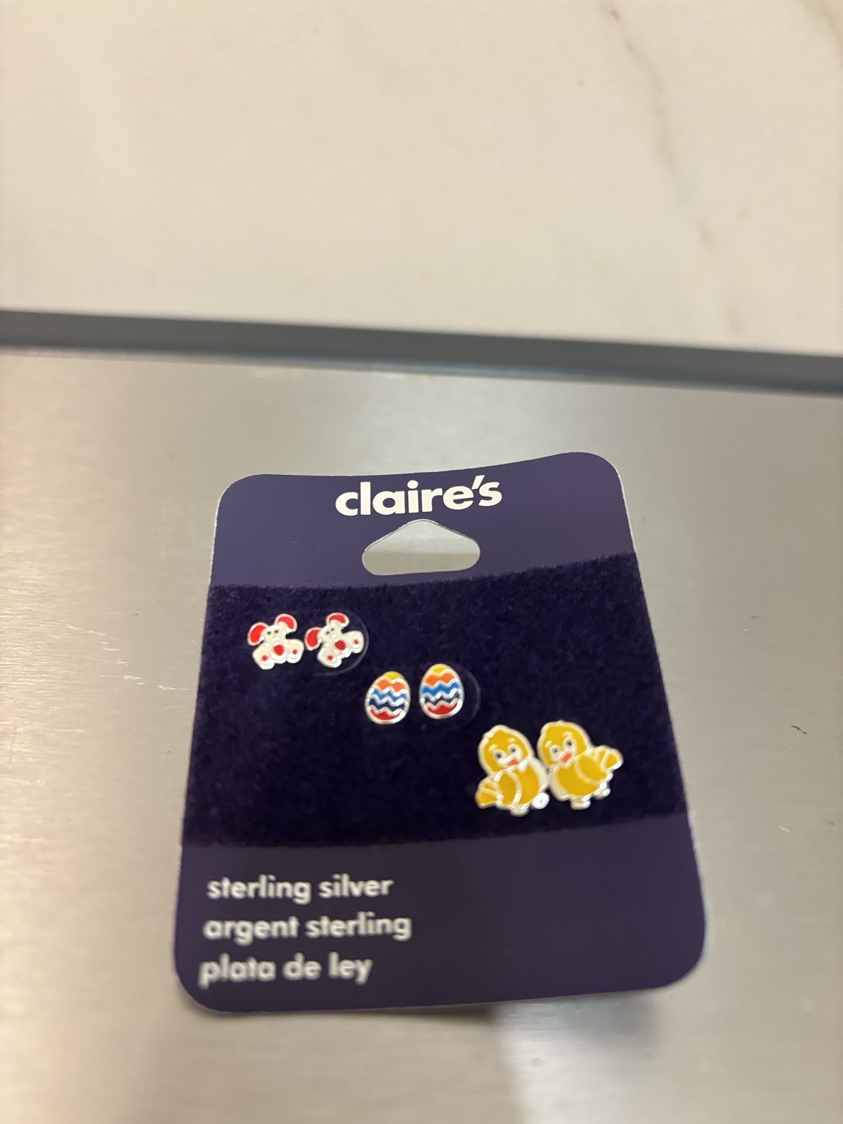 Claires Easter Sterling Silver Stud Earrings Bunnies, Eggs, Chicks. NEW 3 Pairs