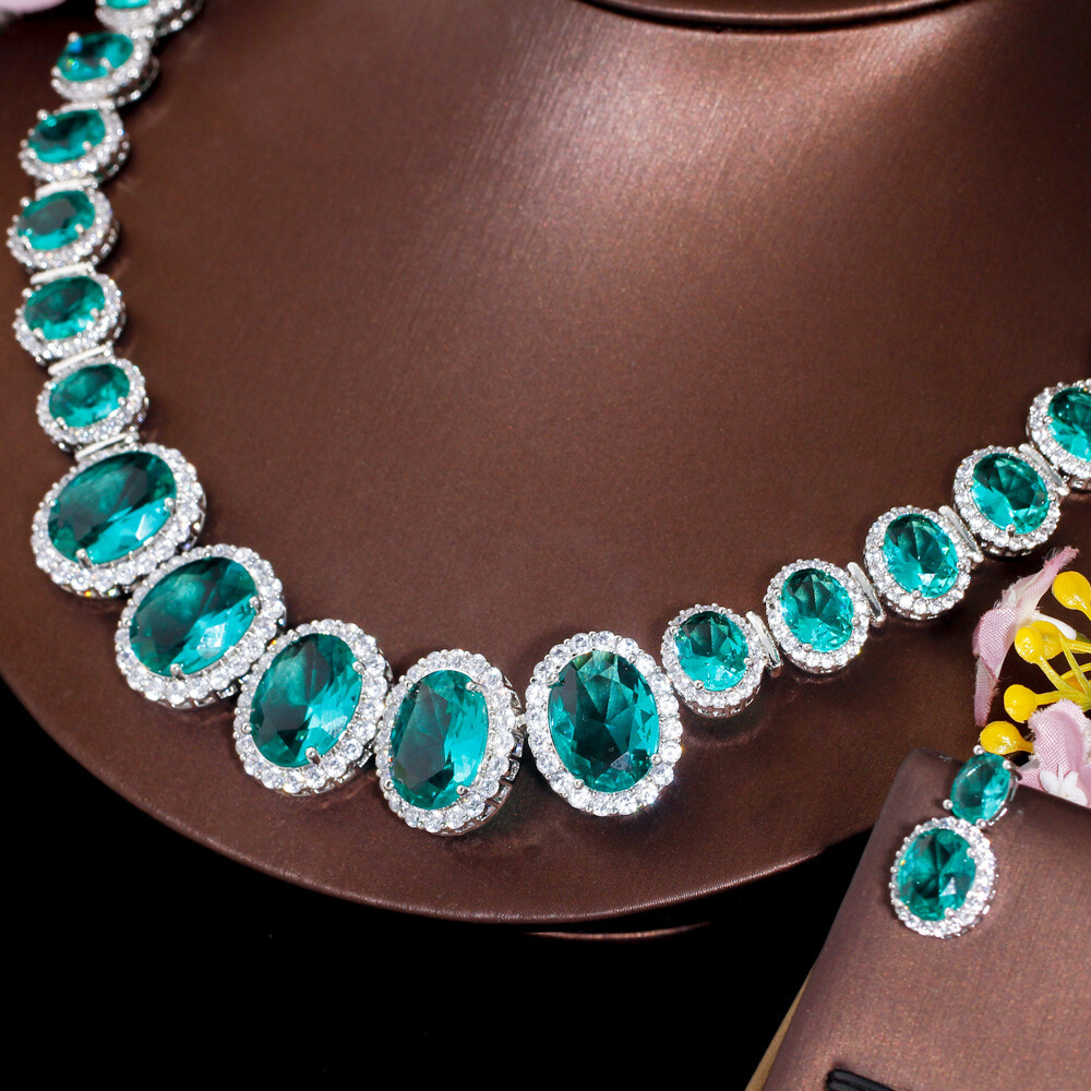 Gorgeous Big Green Oval Necklace Earrings Silver Plated Zircon Women Jewelry Set
