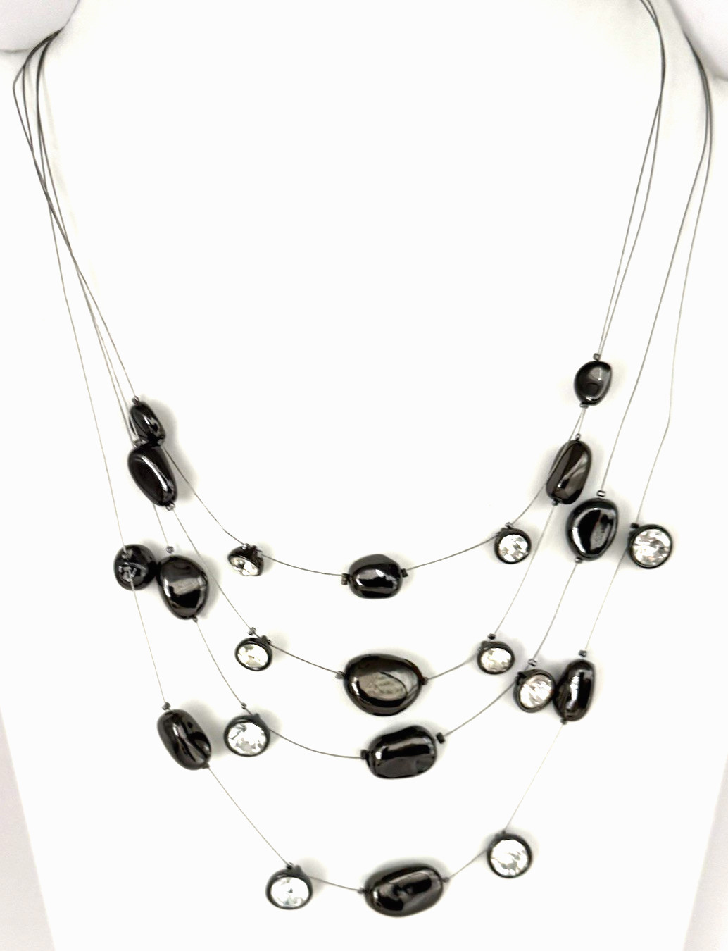 Chico’s Gunmetal Silver Tone 21″ Short Beaded Crystal Floating/Illusion Necklace
