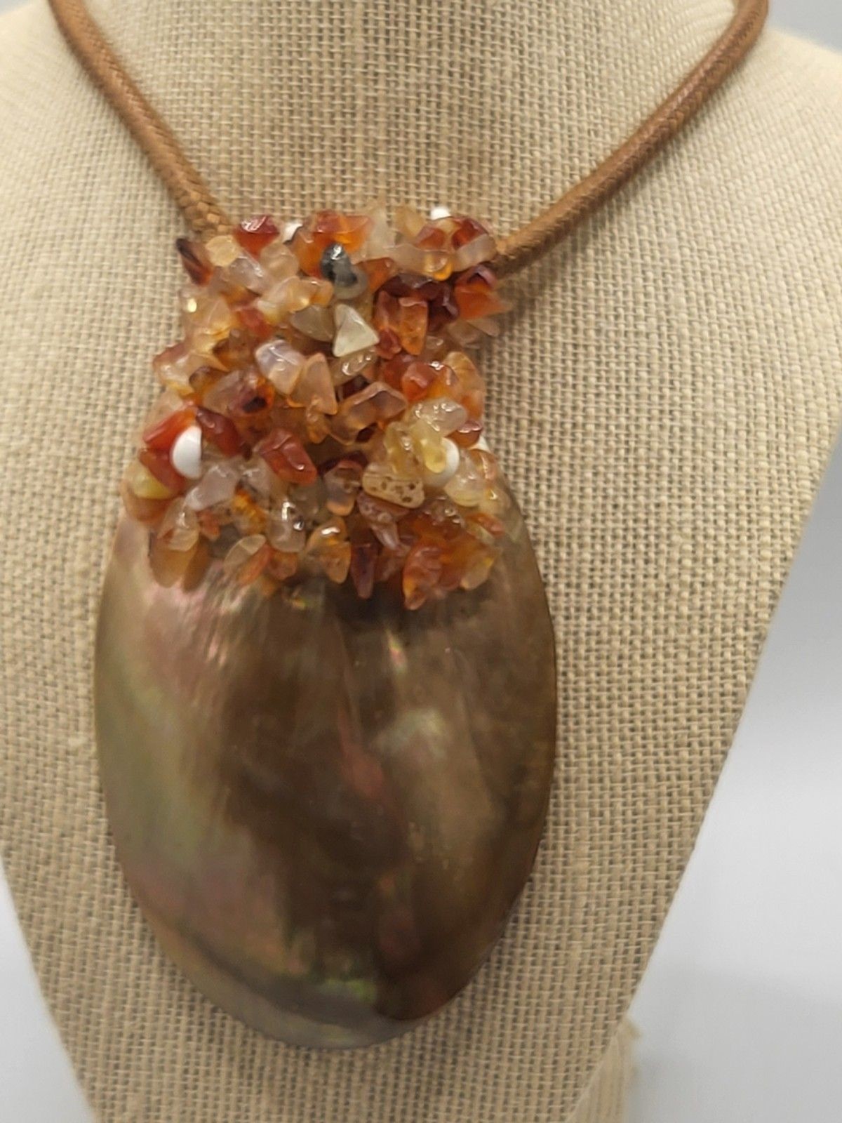 Artisan Iridescent Large Abalone Shell Pendant Corded Necklace Gemstone Chips