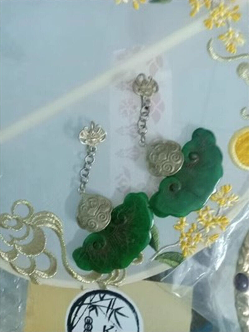 Chinese Antique Tibetan Silver Inlaid Natural Jade Earrings Lucky Jewelry Gifts