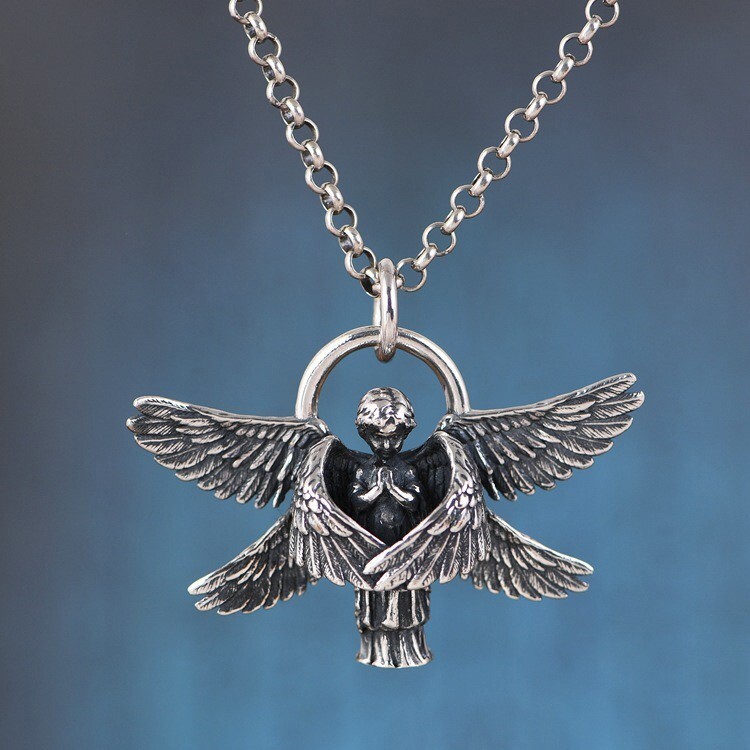 Seraphim Praying Angel 6 Wings Necklace Pendant Retro Charm 925 Sterling Silver