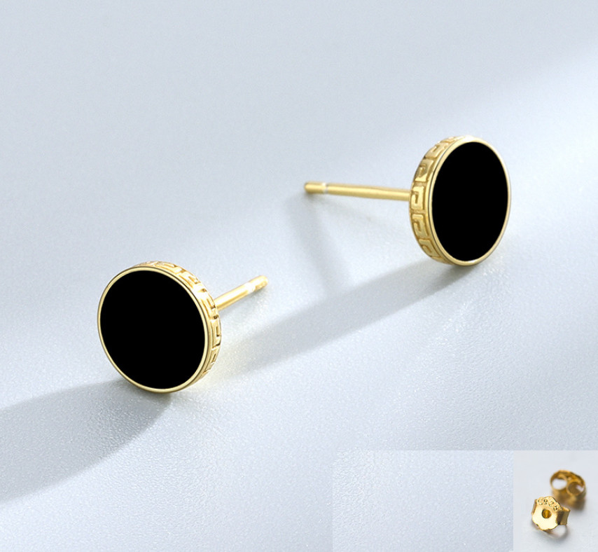 Women Men Sterling Silver Black Enamel Round Stud Post Earrings 8mm Gift Box I84