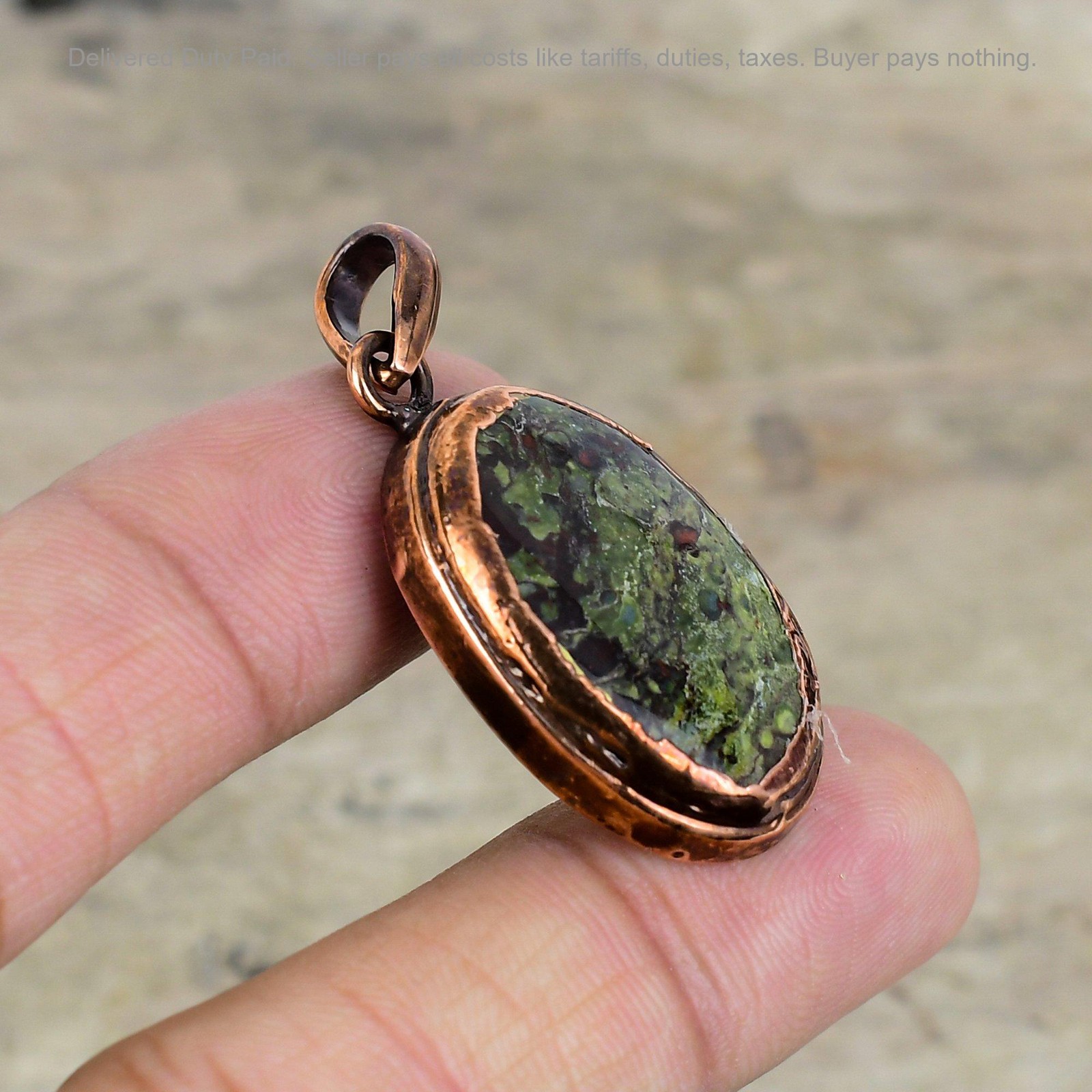 Copper Oval Dragon Bloodstone Stone Daughter Artisan Electroformed Bezel Pendant