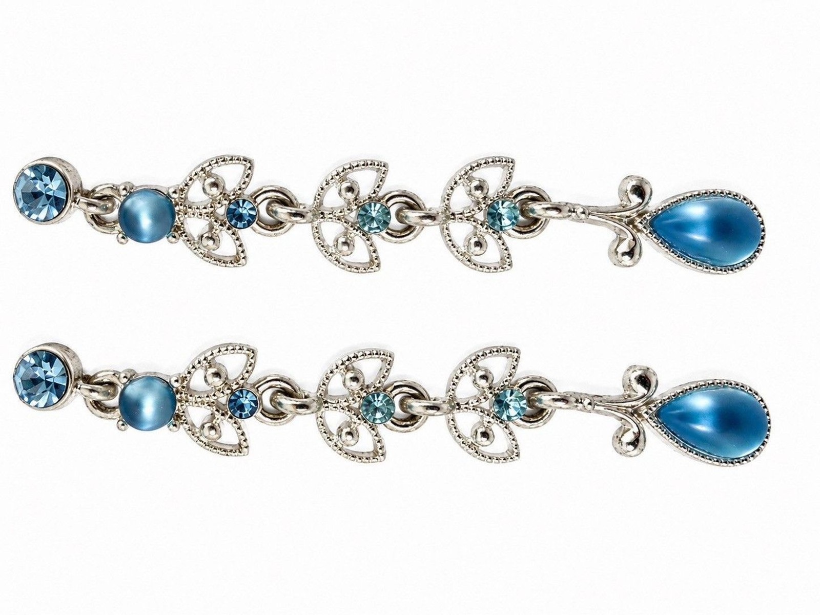 Vintage Blue Crystal Dangle Earrings Silver Tone Filigree Tiered Drop Victorian