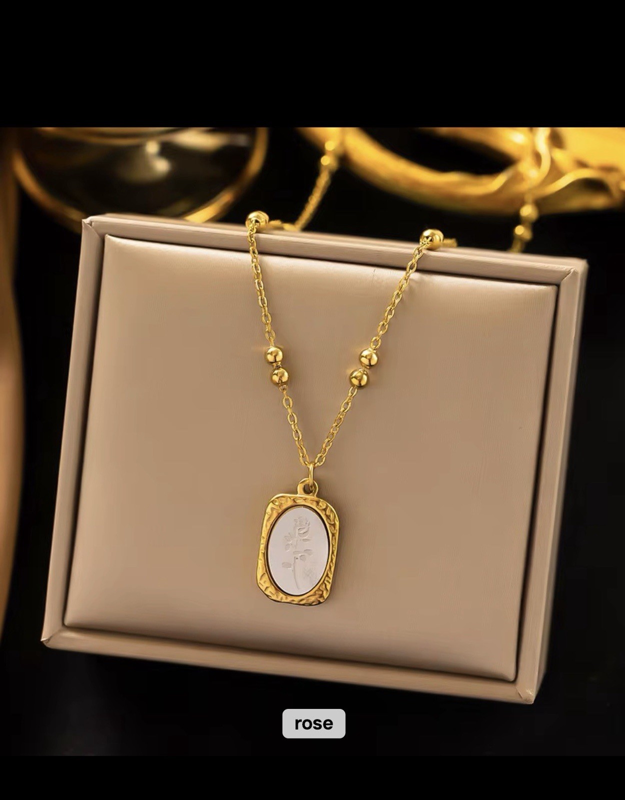 Gold Tone Rectangle Charm Pendant Necklace, Chain, Love Nature Theme, No Stone