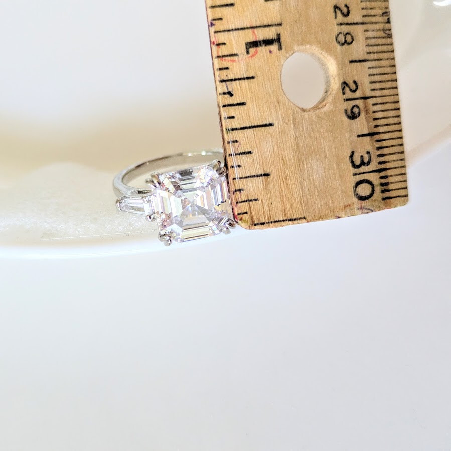 QVC Diamonique Epiphany Platinum Clad 3 Stone 3 Ct. Asscher Cut Ring -Size 9-NEW