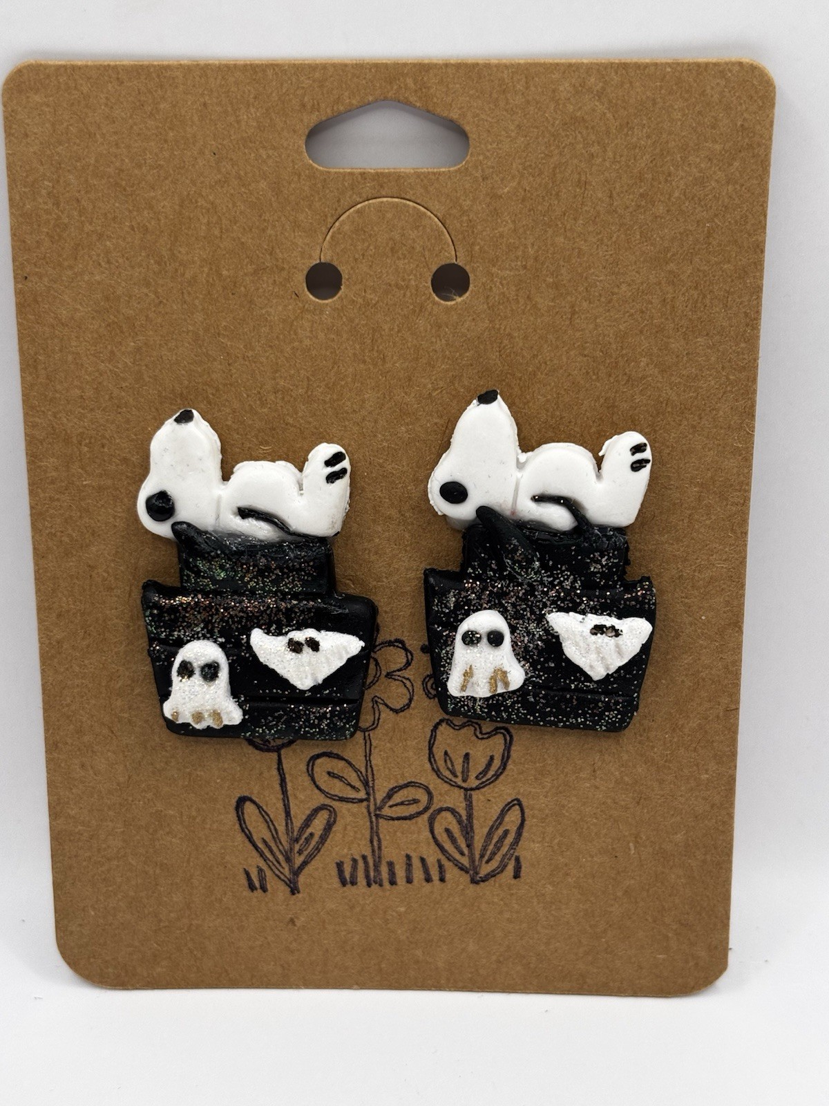 Snoopy Halloween Earrings Black Glitter Doghouse Ghost Polymer Clay Jewelry