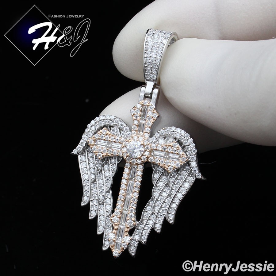 925 STERLING SILVER ICY BLING MOISSANITE 3D CROSS ANGEL WING PENDANT*MP536