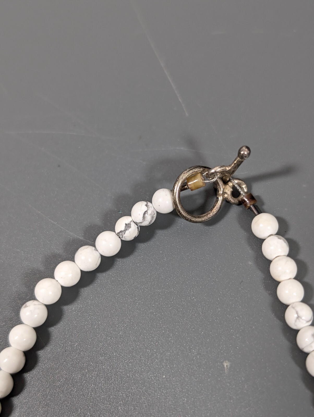 Boho White Gray Marble Stone Round Disc Bead Toggle Necklace Coastal Beach 18 in
