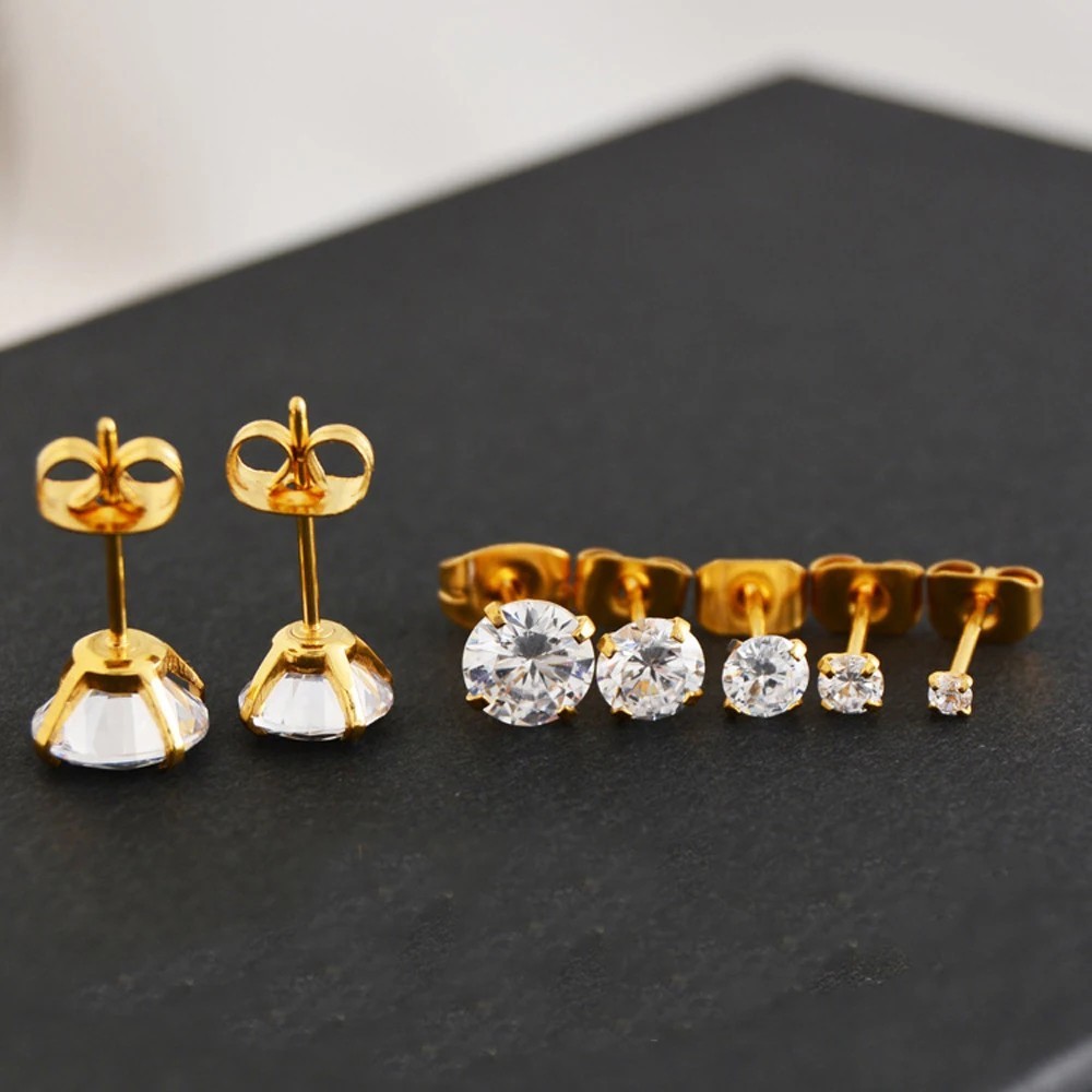 1 Pair Classic Stainless Stee Stud Earrings For Women CZ Zircon Ear Piercing Sur