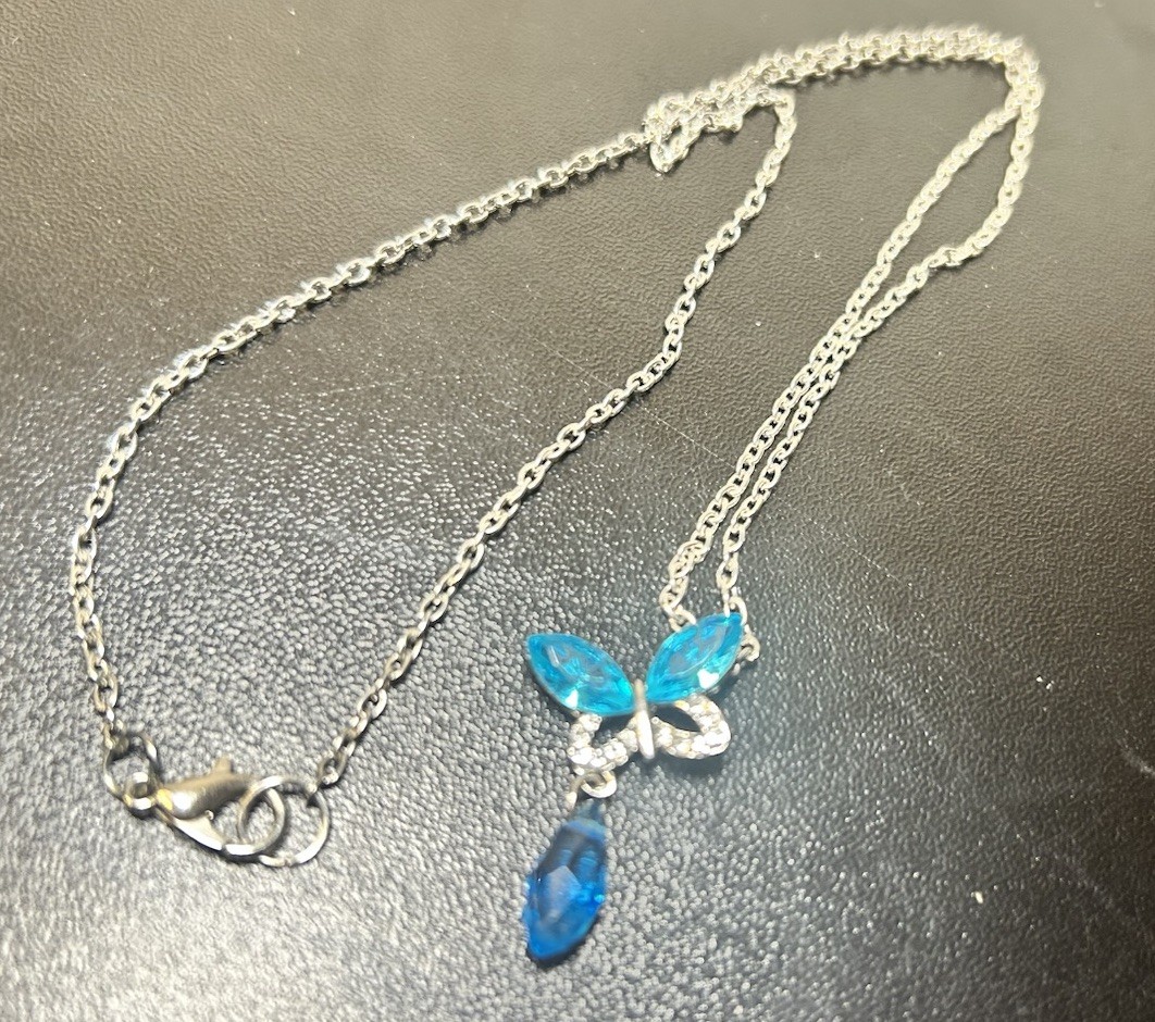 Aqua Butterfly With Dangle Gem Dainty Pendant, Silvertone Chain 20”