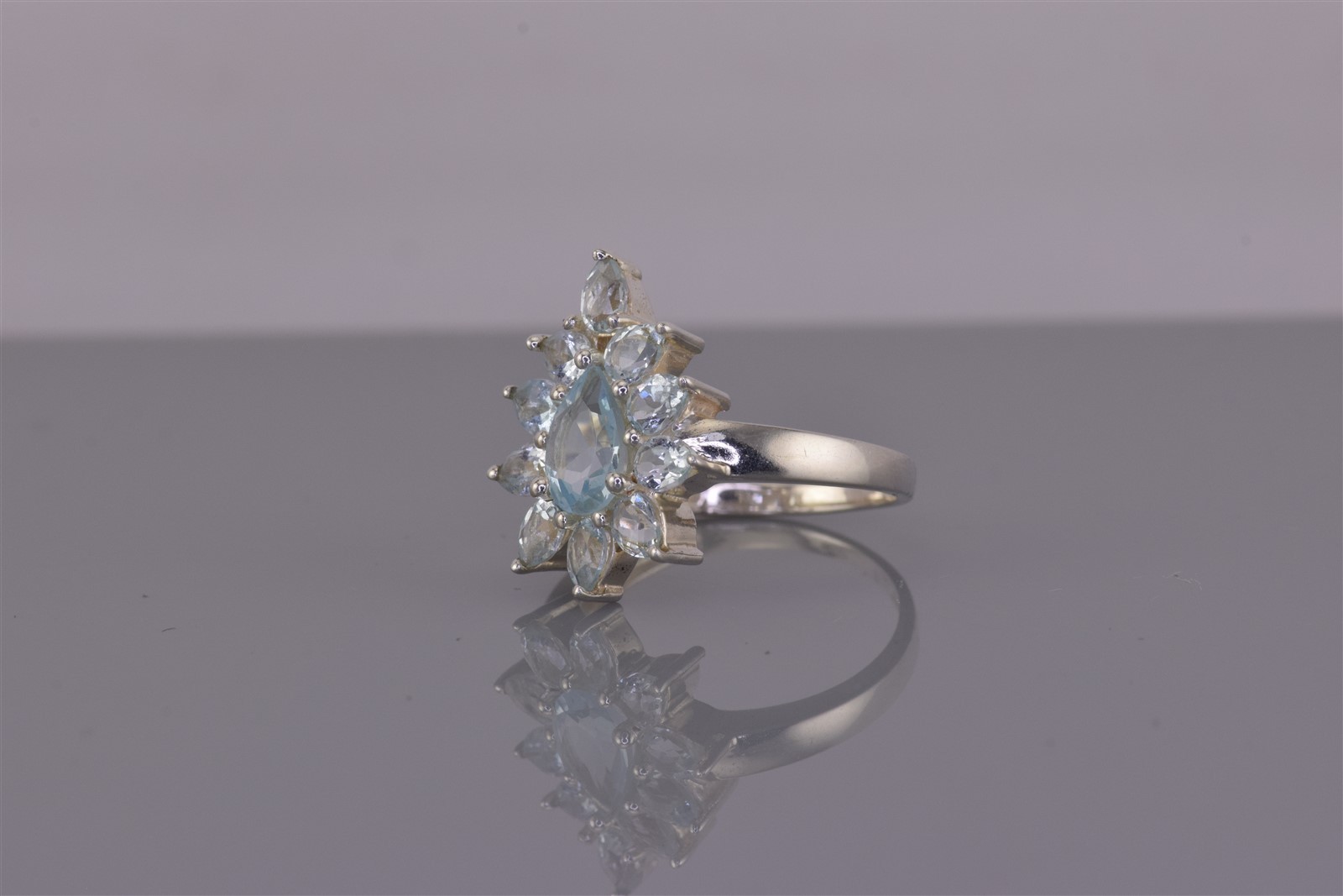 Sterling Silver 19mm Pear Cut Blue Topaz Halo Clustered Band Ring 925 Sz: 7