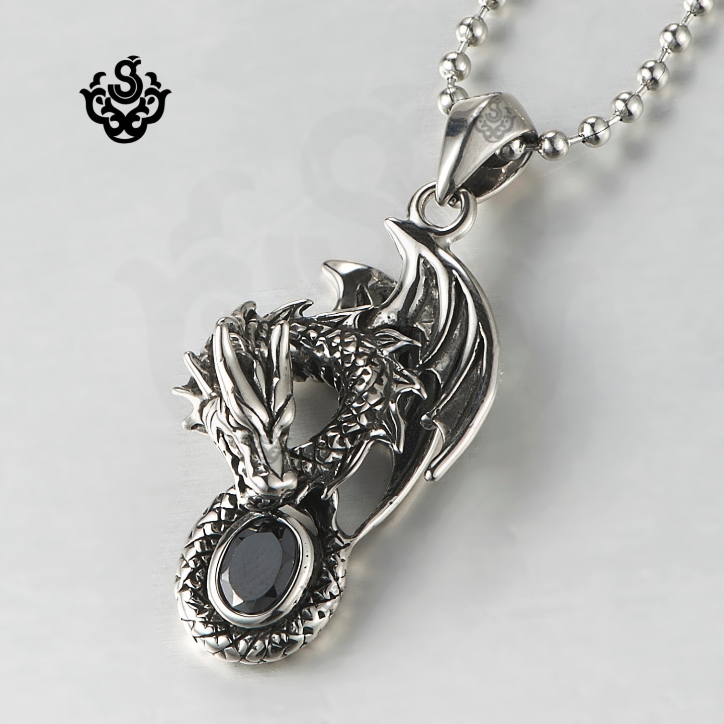 Silver Gothic Dragon Pendant Necklace Black Crystal Stainless Steel 60cm Chain