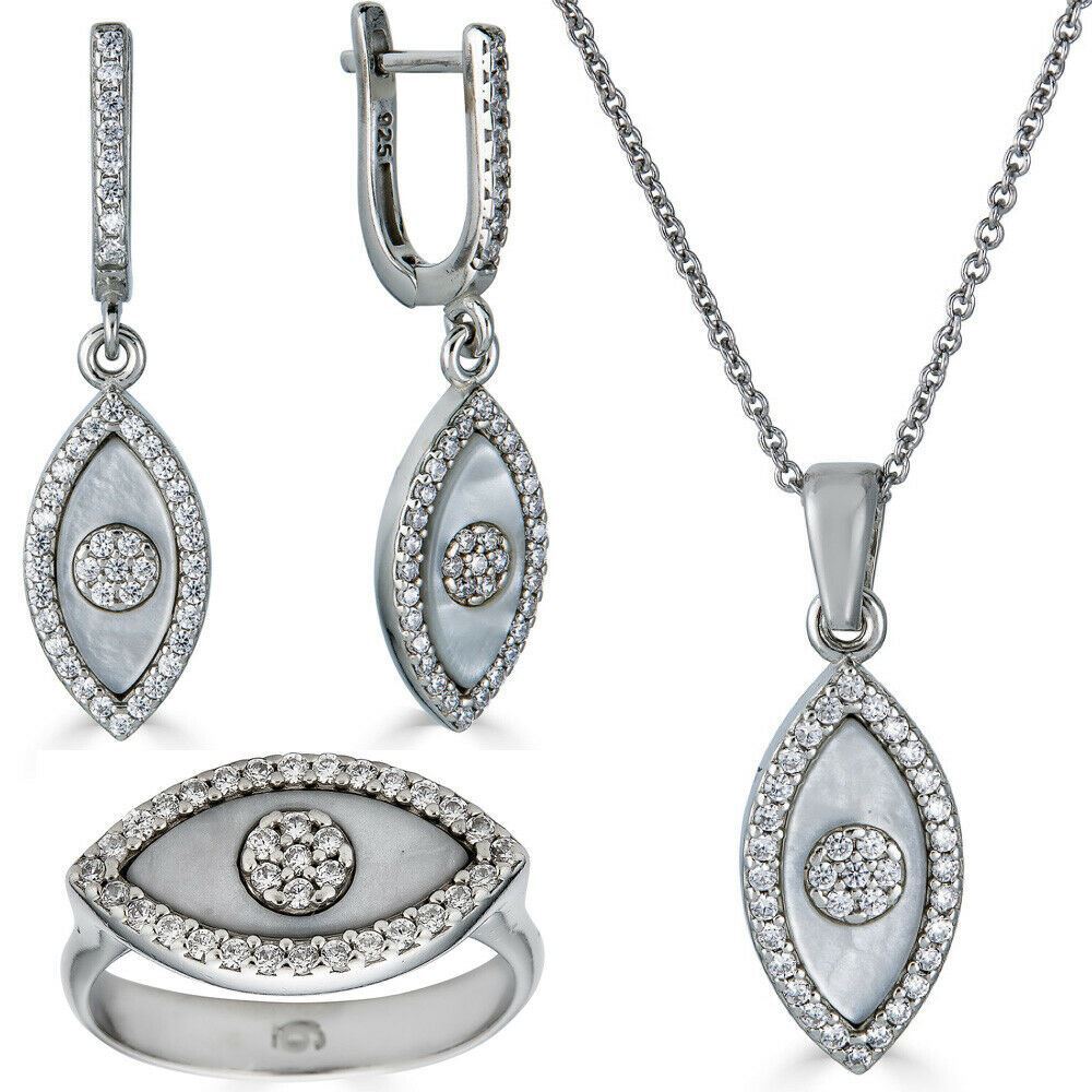 Real 925 Silver Iced Lucky Evil Eye Pearl Ring Necklace Earring Ladies Girls Set