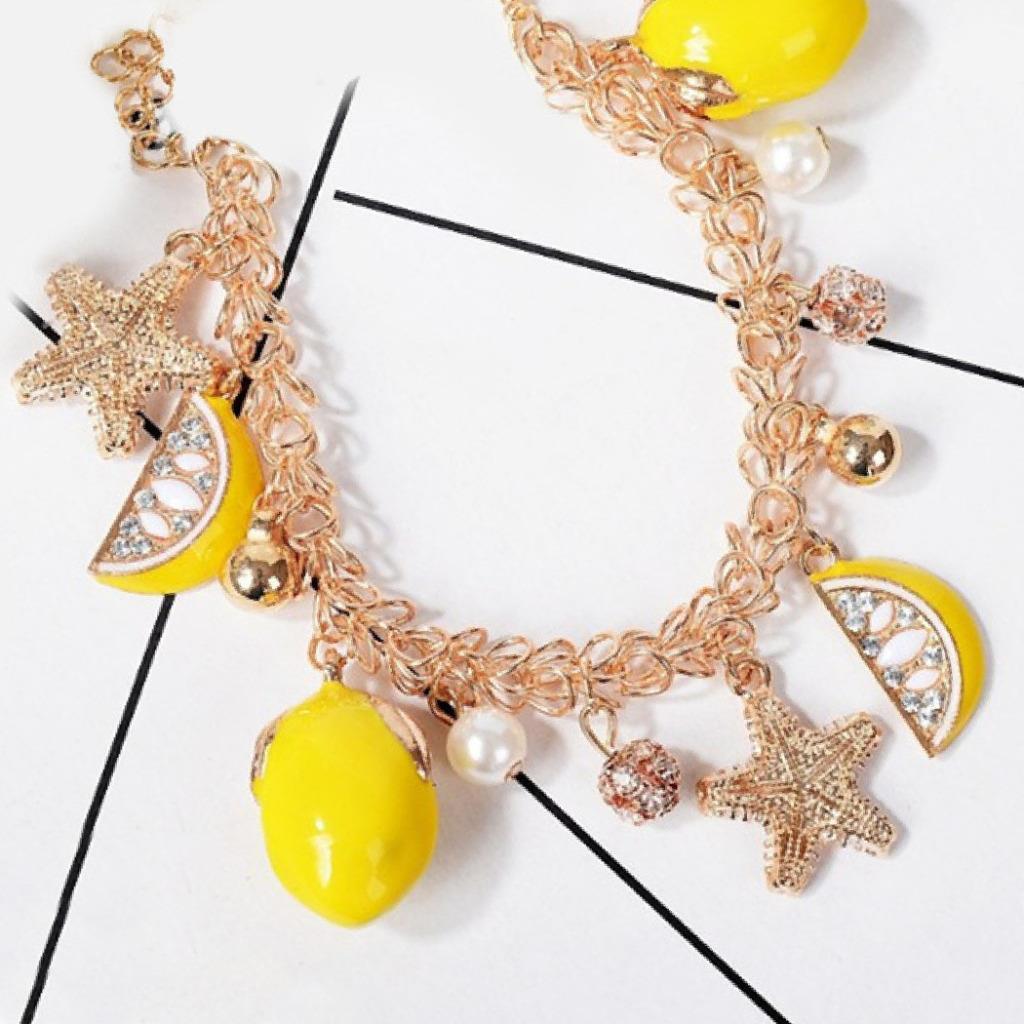 CUTE LEMON CHARM BRACELET Summer Fruit Bright Yellow Enamel NEW Star Rhinestones