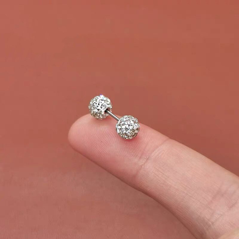 316L Surgical Steel Silver Round Ball CZ Crystal Screw Back Stud Earrings 3-6mm