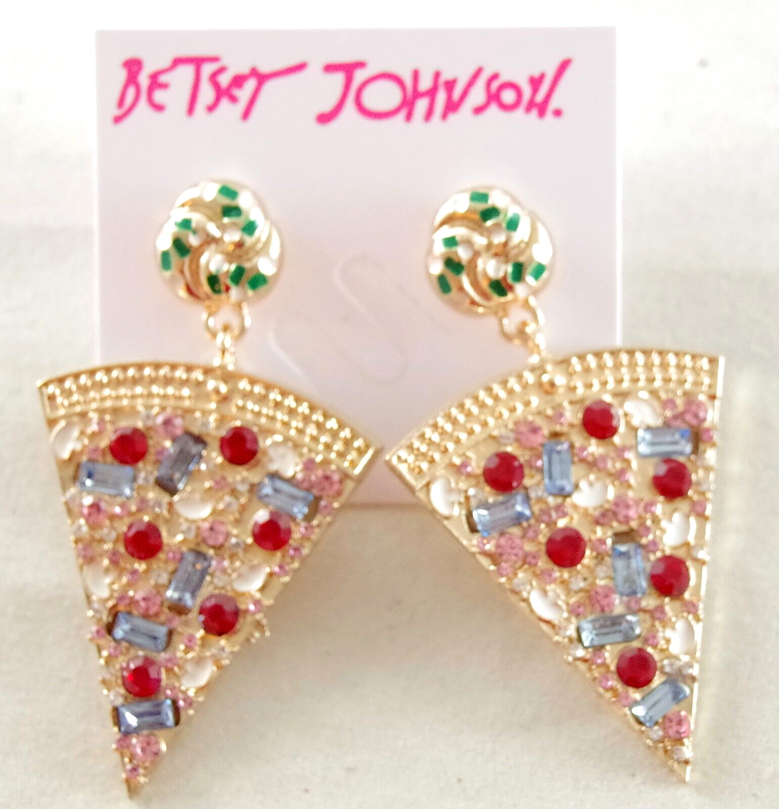 2.25″ BETSEY JOHNSON PIZZA SLICE CRYSTAL RHINESTONE/ ENAMEL DROP DANGLE EARRINGS