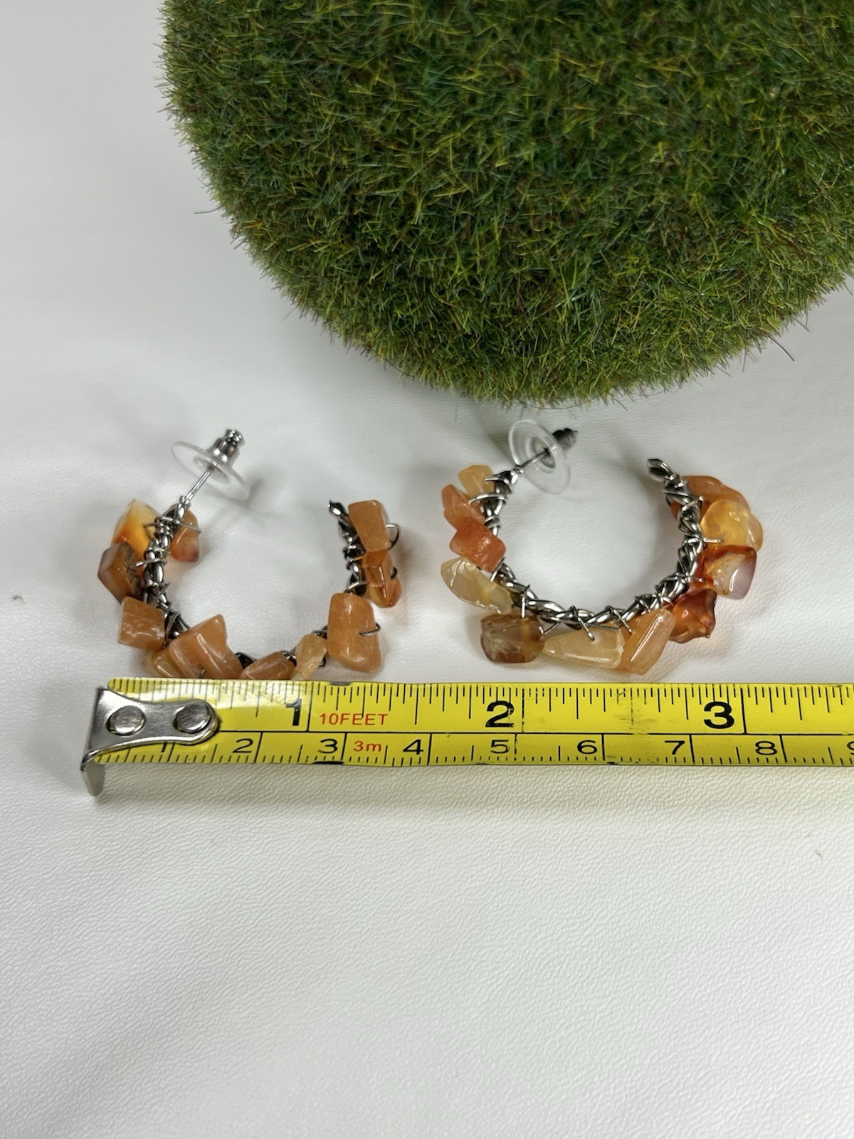 Handmade Carnelian chips wire wrapped silver tone boho open hoop earrings