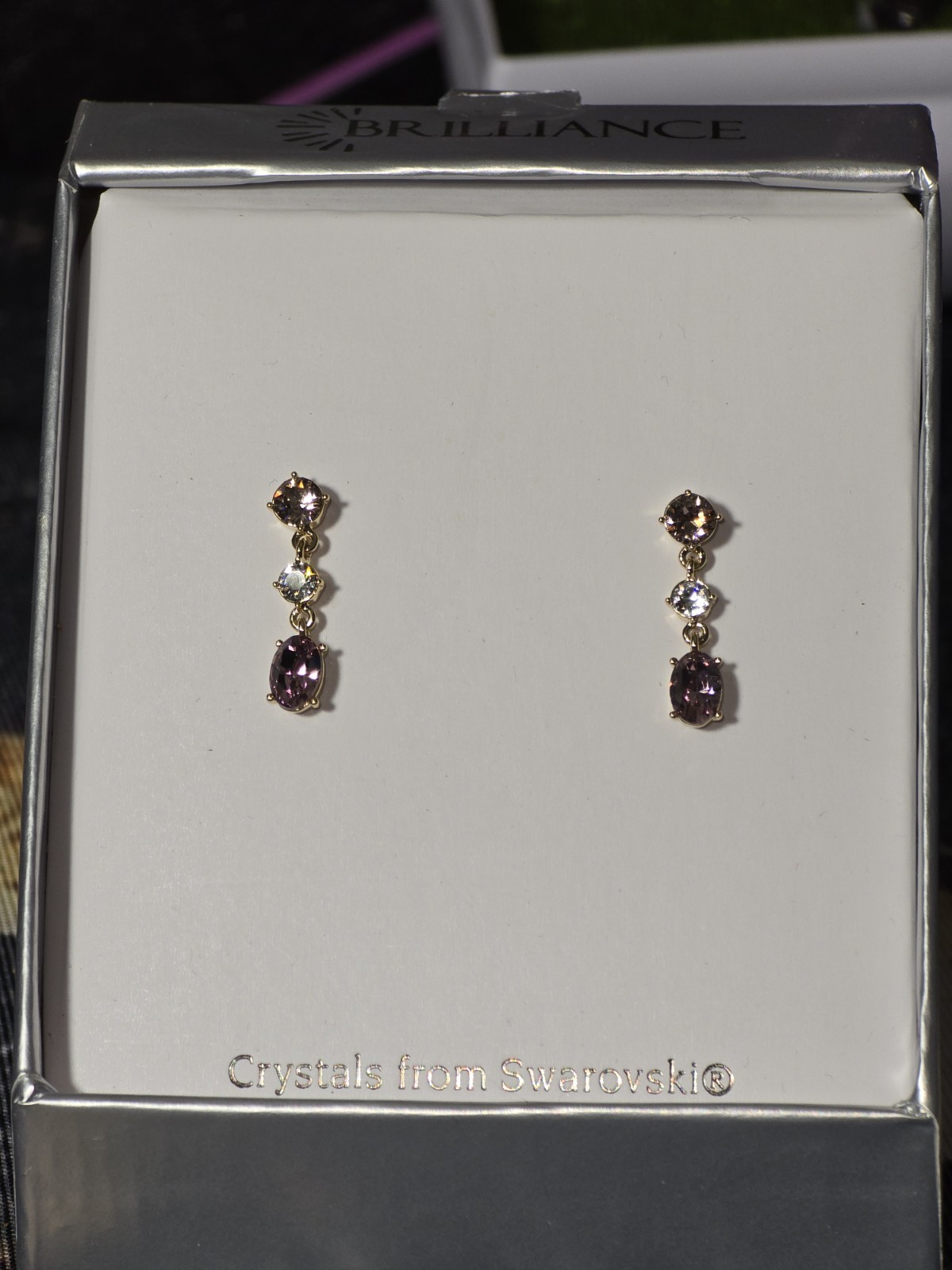 Brilliance Dangle/Drop Earrings Swarovski Crystals Purple/Clear Gold Tone