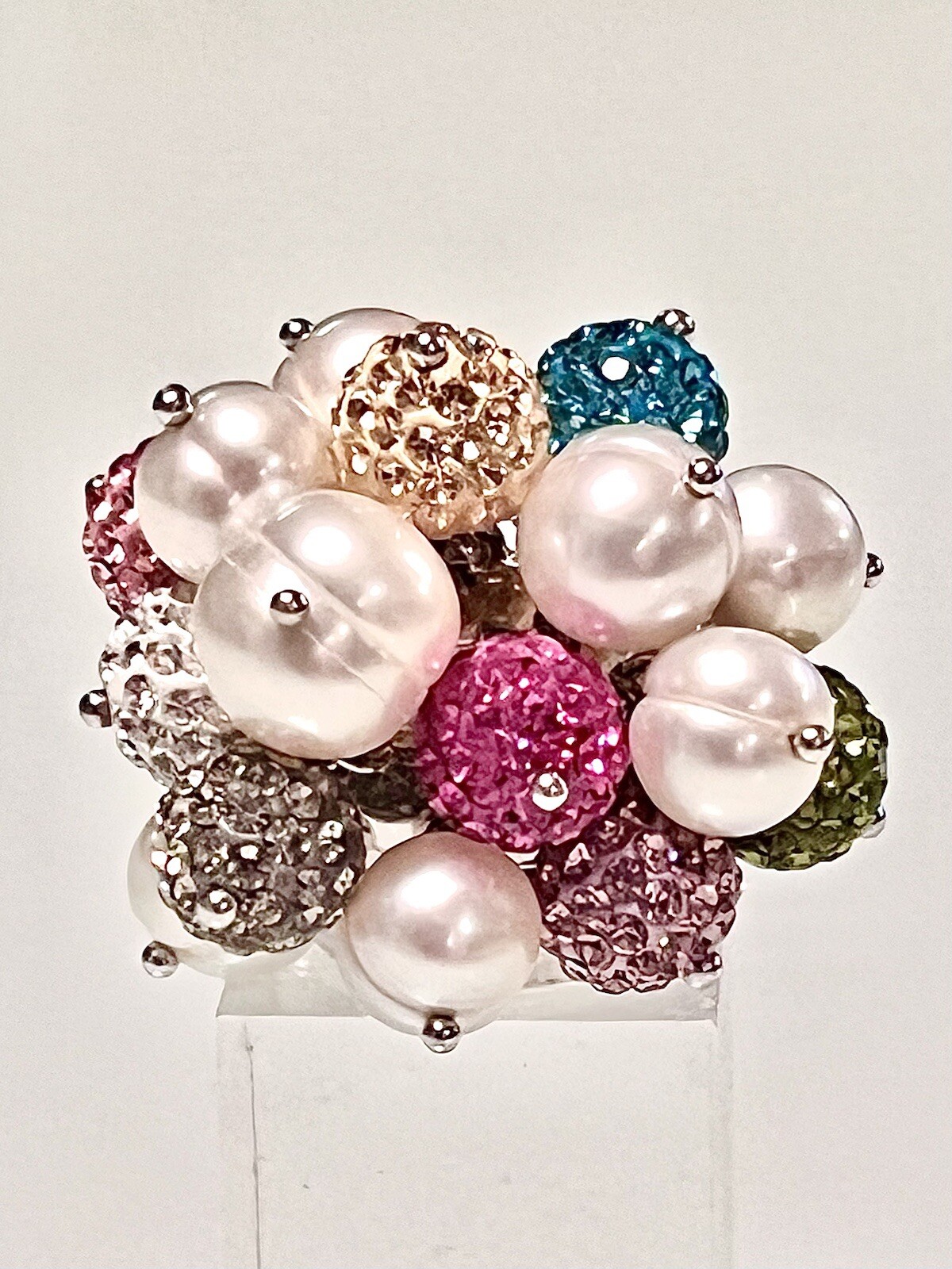 ROSS SIMONS~925 SS PEARLS W COLORED CRYSTAL BALL CLUSTER RING~SZ 7.25~15.7G