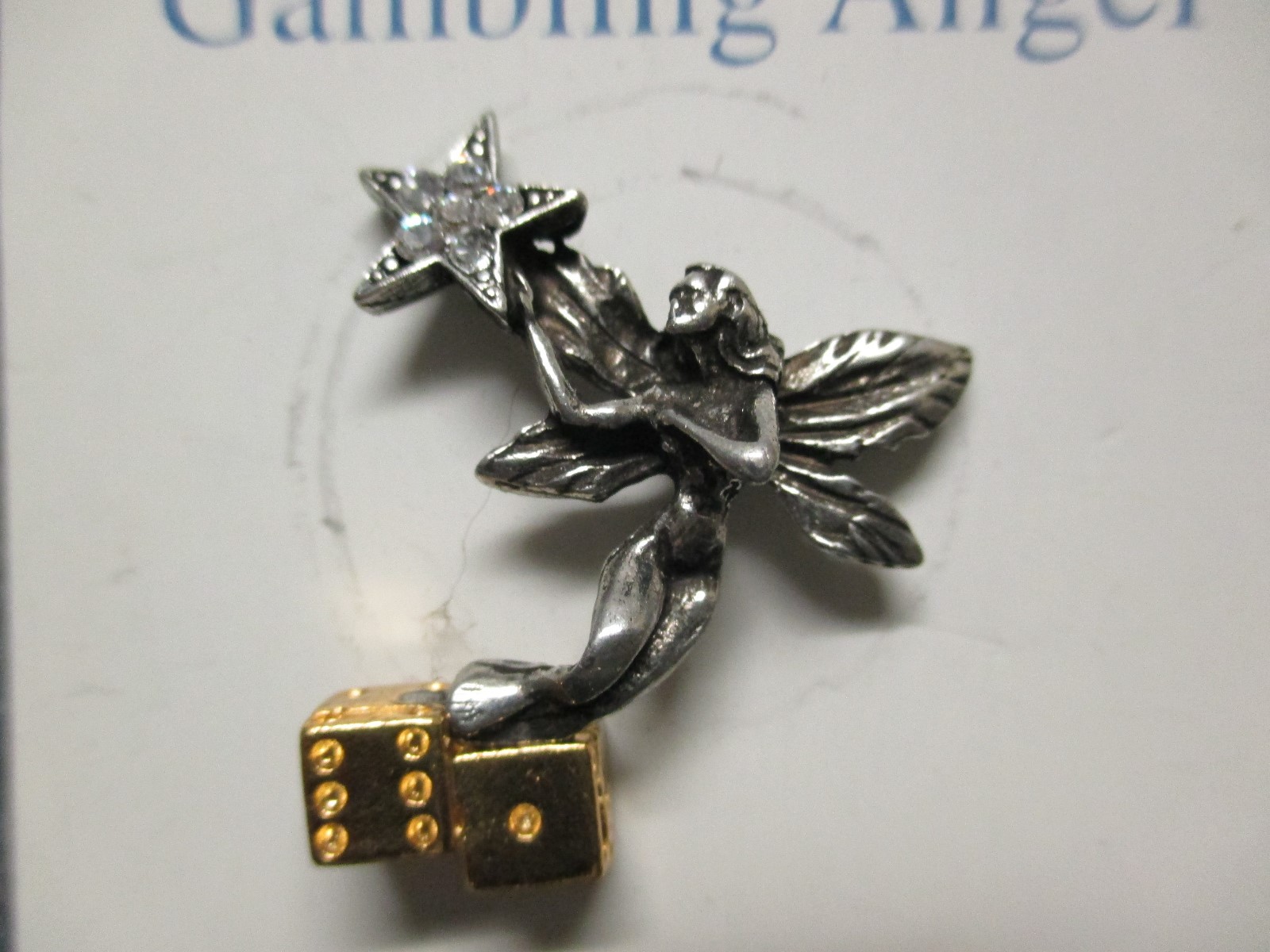 Gambling Angel Dice Craps Lapel Pin Gold & Pewter Tones w/Rhinestone Star 1.2″