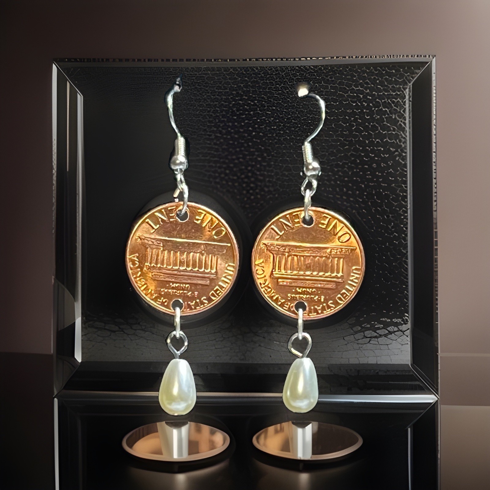 2-1984 Lincoln Penny Coin Nickel-Free & White Teardrop Pearl Hook Earrings